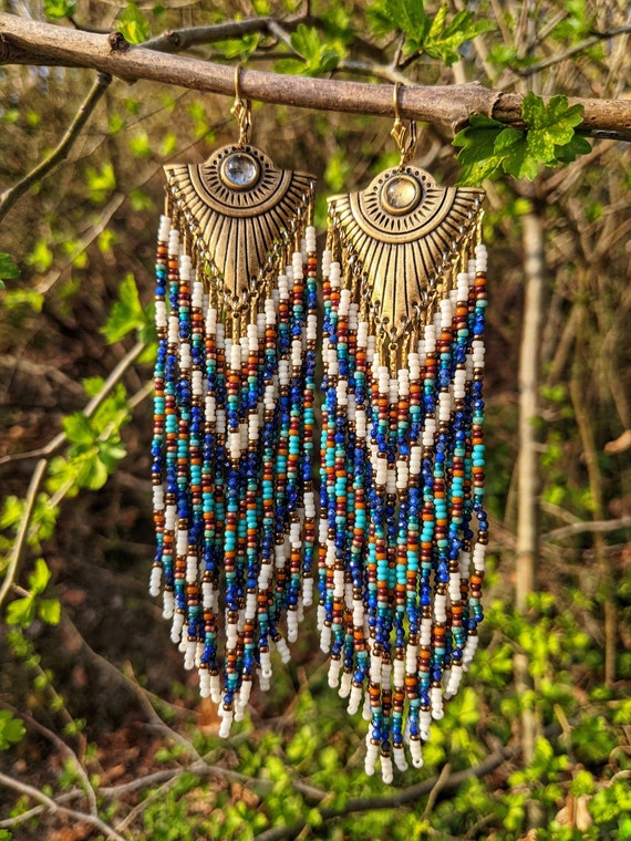 Buy Artistic Seed Bead Earrings With Lapis Lazuli Stones 5.5 In
