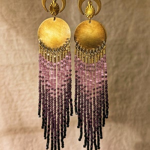 Libertinaje crescent moon purple ombre beaded earrings with gold accents 6 in. long mystical magical handwoven celestial image 2
