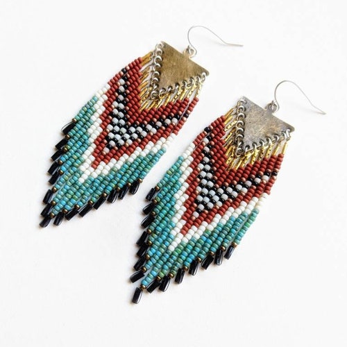 Native beaded earrings - seed bead earrings - bohemian earrings - gypsy earrings shops - boho jewelry - fringe boho earrings - gift for wife