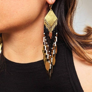 Black Seed Bead Earrings with Tiger Eye Stones | 5.5 in. long | Boho Beaded Earrings | Seed Bead Jewelry | Boho-Chic