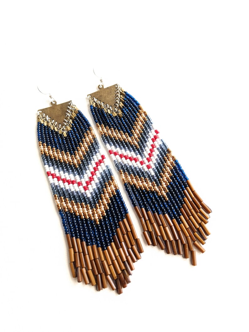 Chevron Navy Blue Beaded Earrings | 5 In. Long | Native American ...