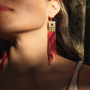 Handmade red seed bead earrings with garnet stones | 5 in. long | fringe earrings | one of a kind | bohemian flair