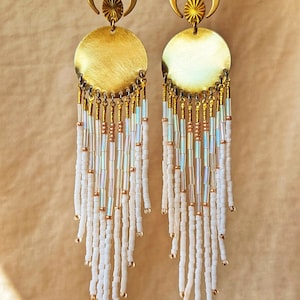 Crescent moon white beaded earrings with gold accents | 6 in. long | Iridescent| Boho inspired | fringe earrings | handmade