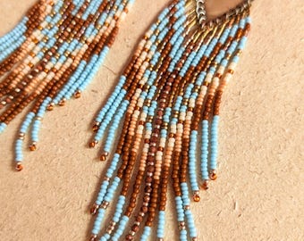 Sky Blue Beaded Fringe Earrings | Boho Southwest Style | Sandstone | Seed Bead Jewelry | Hand-beaded | Artisanal