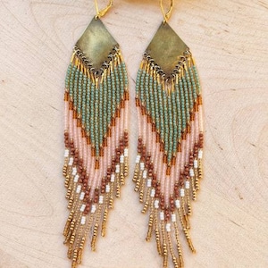 Unique Seed Bead Earrings with Sandstone | Native Inspired | 6 in. long | Eye-Catching | Handcrafted | Feminine Energy | Seed Bead Jewelry