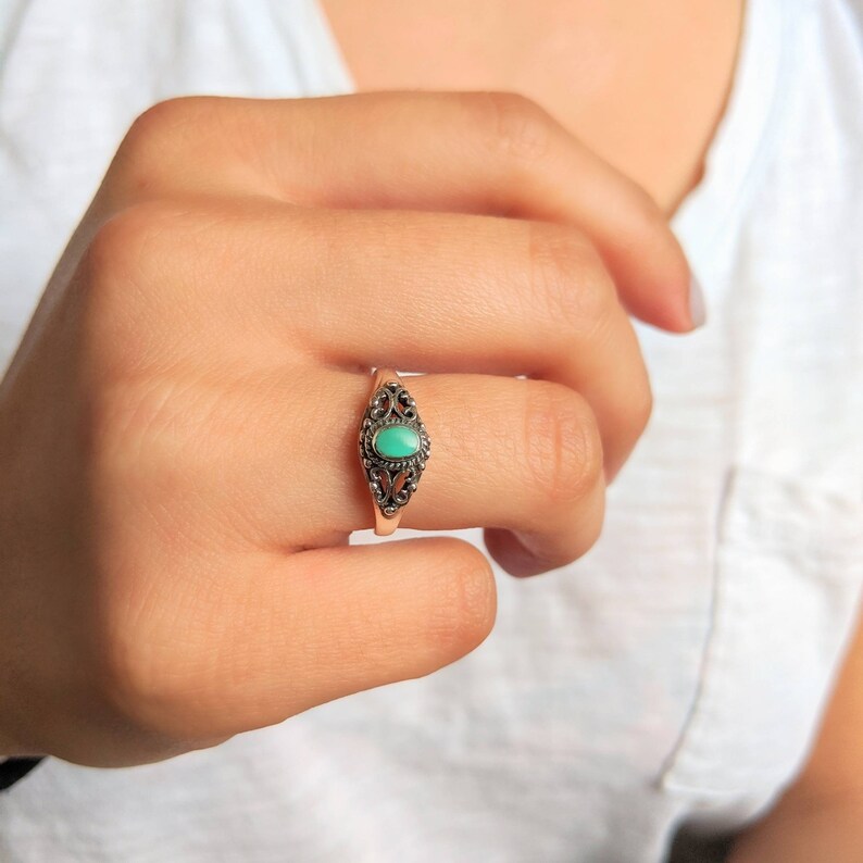 Turquoise stone ring bohemian ring boho silver ring gift for daughter nickle free gift for best friend filigree ring
