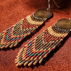 Sandstone beaded earrings with bronze accents | 4.5 in. long | Native inspired | terracotta earthy tones | vibrant and eye catching