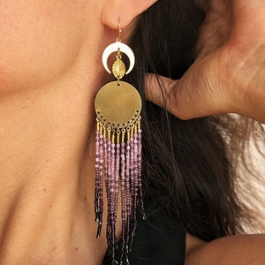 Libertinaje crescent moon purple ombre beaded earrings with gold accents 6 in. long mystical magical handwoven celestial image 1