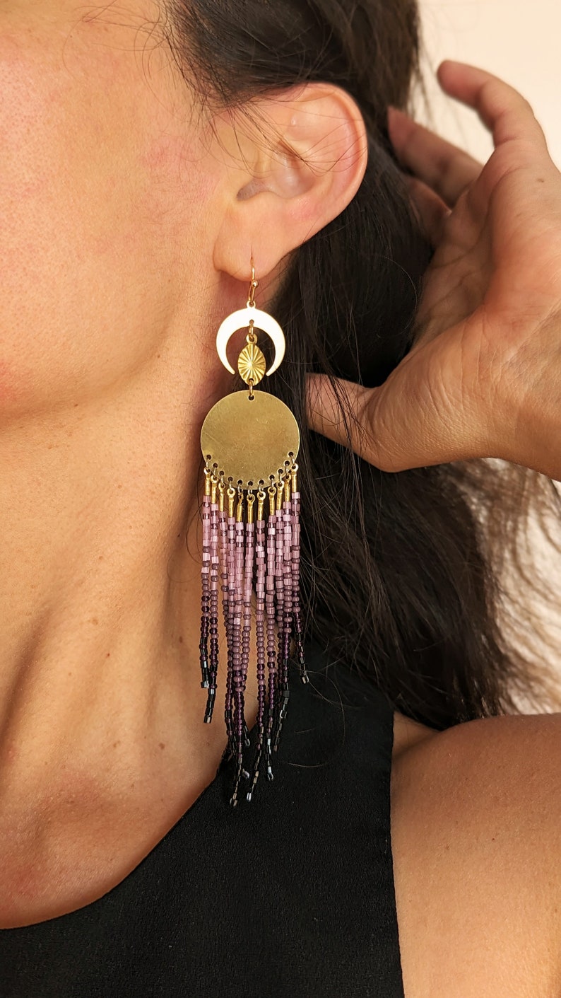 Libertinaje crescent moon purple ombre beaded earrings with gold accents 6 in. long mystical magical handwoven celestial image 1