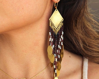 Dark red garnet seed bead earrings with marquise gold charms | 6 in. long | best beaded earrings | unique gift for a woman