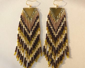 Chocolate Brown Fringe Earrings | Gold Accents | Brass and Beaded Jewelry | 5 in. long | Handcrafted