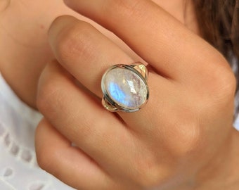 Rainbow Moonstone Sterling Silver Ring | Chunky Gemstone, Split Design