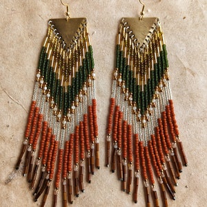 Green and Terracotta Beaded Earrings | 5.5 in. long | Handmade Fringe Jewelry | Long Boho Statement Earrings | Earthy Tones Gift for Her