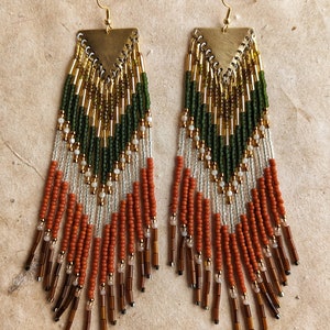 Handcrafted green beaded earrings with peach stones and mother of pearl 5.5 in. long long fringe earrings burnt orange image 1