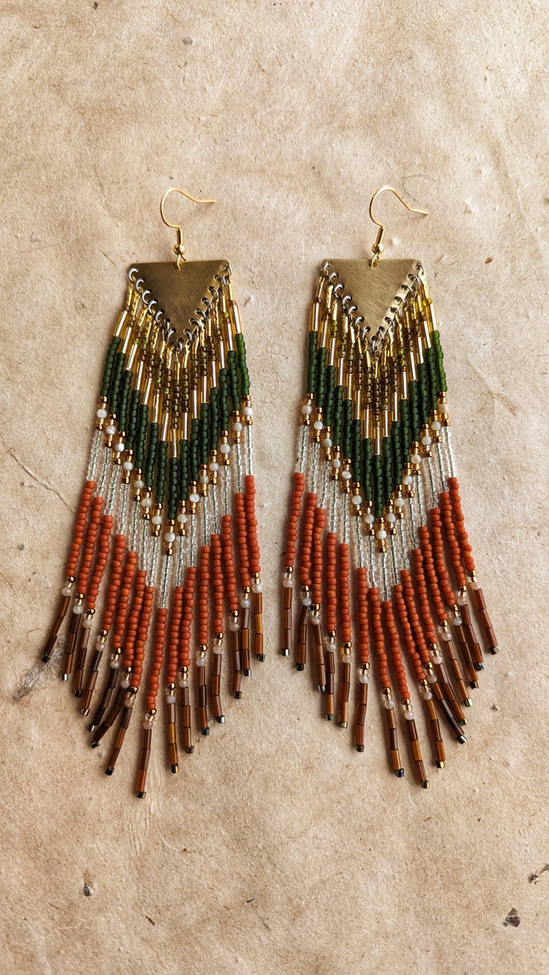 Handcrafted green beaded earrings with peach stones and mother of pearl 5.5 in. long long fringe earrings burnt orange image 1