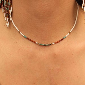 Dainty Beaded Necklace with Turquoise Stones - Dainty Choker - Multicolor Necklace - Southwestern - Boho Choker - Warm Hues