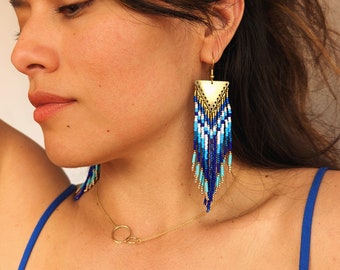 Handcrafted classic ombre blue beaded earrings | 4 in. long | short fringes | blue hues | nature inspired | one of a kind craftsmanship