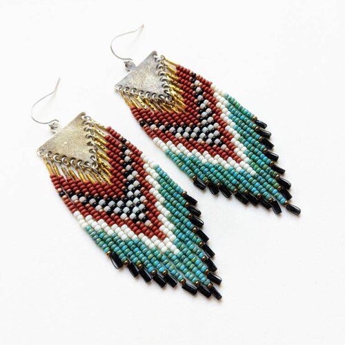 Native beaded earrings - seed bead earrings - bohemian earrings - gypsy earrings shops - boho jewelry - fringe boho earrings - gift for wife