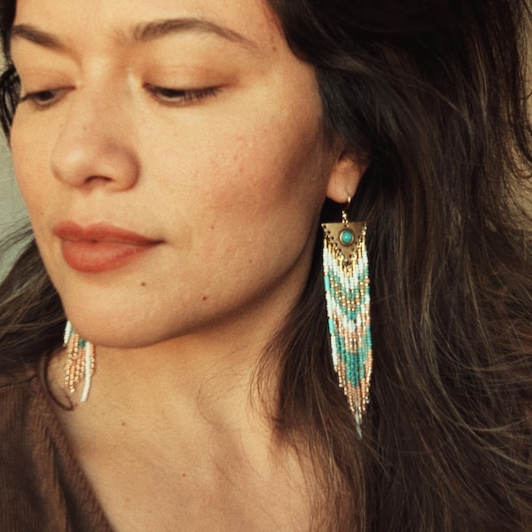 Boucles d'oreilles turquoise | 4,5 po. de long | Bijoux artisanaux | Artisanat | Artistique Unique Perlage