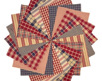 5 inch - 40+ American Heritage Plaid Homespun Precut Fabric Quilt Squares - Red Blue Charm Pack
