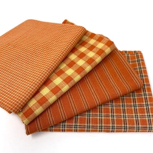 Pumpkin Orange Homespun Plaid Gingham Cotton Fabric Bundle - Set of 4 Fat Quarters