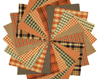 6 inch 40+ Autumn Spice Homespun Precut Fabric Quilt Squares Plaid Orange Pumpkin Gold Fall Charm Pack