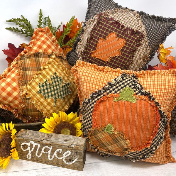 Autumn Pumpkin and Leaf Ragged Pillow Pattern - Digital Download