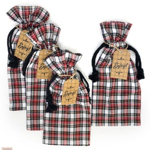 Highland Red Tartan Plaid Wine Fabric Gift Bag with Tags 14&quot; x 6.5&quot; - Set of 4