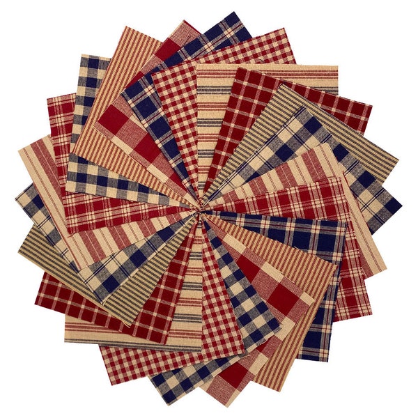 6 inch-- 40+ American Heritage Plaid Homespun Pre-Cut Quilt Squares - Red Blue Charm Pack