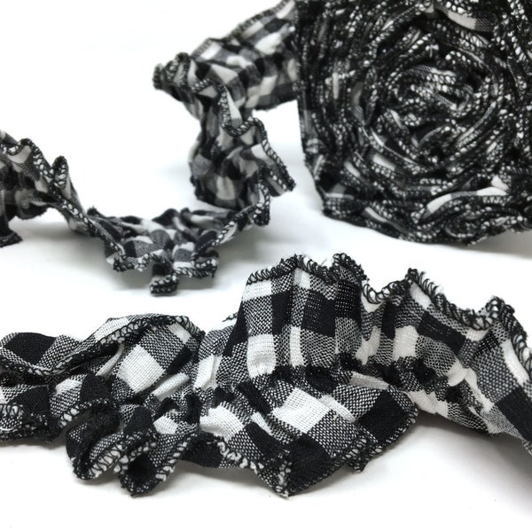 White & Black Mini Buffalo Ruffled Homespun Fabric Ribbon Trim or Christmas Garland - 1 roll - 2 x 144 inches (12 feet)