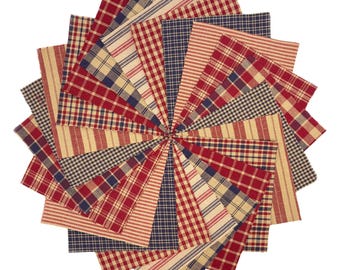 6 inch-- 40+ American Heritage Plaid Homespun Precut Fabric Quilt Squares - Red Blue Charm Pack