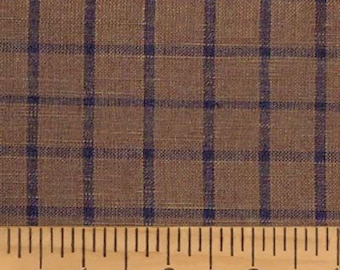 May include: A woven fabric featuring a brown base with a dark blue grid pattern. A ruler is positioned at the bottom edge, showing that the grid squares measure approximately 1.9 cm in width and height across the textile surface.