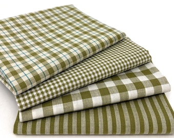Sage Green Homespun Plaid Gingham Cotton Fabric Bundle - Set of 4 Fat Quarters