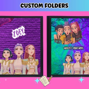 May include: Two black folders with custom designs. One features a purple brick wall background with the name "Zoey" in white. The other has a colorful, abstract background with the text "Amber's Homework". Both folders have illustrations of anime-style characters.