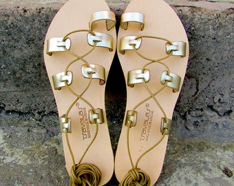 Girls Flower Toe Ring Premium Gold Leather Sandals Handcrafted in Greece