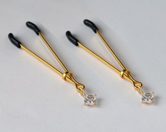 Nipple Clamps with Square Crystal dangles Non Piercing Gold Adjustable Nipple ringss Fake Nipple Piercing / Mature