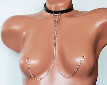 Sexy Kitty necklace to nipple / Leather Choker with Chain / non piercing nipple jewelry / fake nipple clamps / Mature