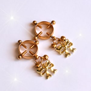 KS Gold Screw Nipple Clamps / Bow Bell Nipple Rings / Adjustable Non Piercing Sexy Nipple Jewelry / mature