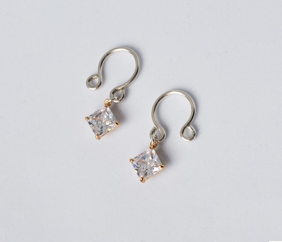 2 Non Piercing Nipple Rings With Square Crystal Dangles Adjustable