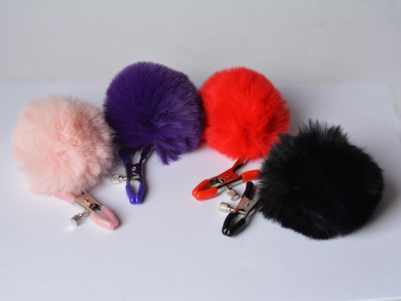 Tweezer Nipple Clamps With Fur Pompoms / Set of 2 Adjustable Nipples Clamps  / Non Piercing Nipple Jewelry / Mature 