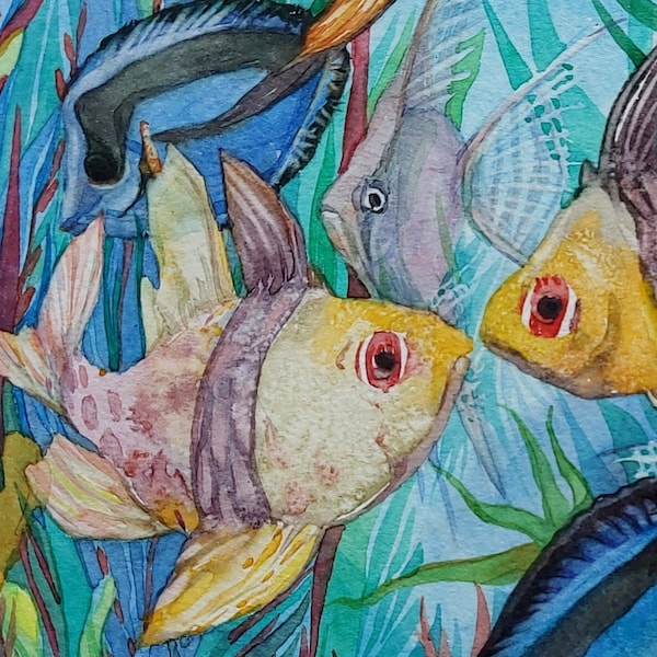 Aquarelle originale peinture vie sous-marine à l’aquarelle Original Art aquarelle peinture à la main Sea Life poissons décoration murale