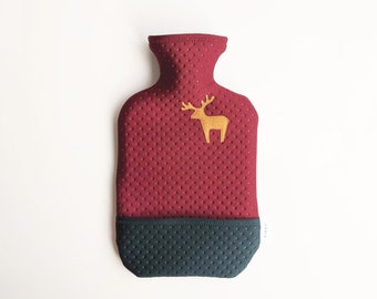 Hot Water Bottle with a Reindeer decoration on  a soft removable cover (2 Litre) - an ideal gift for your loved one.