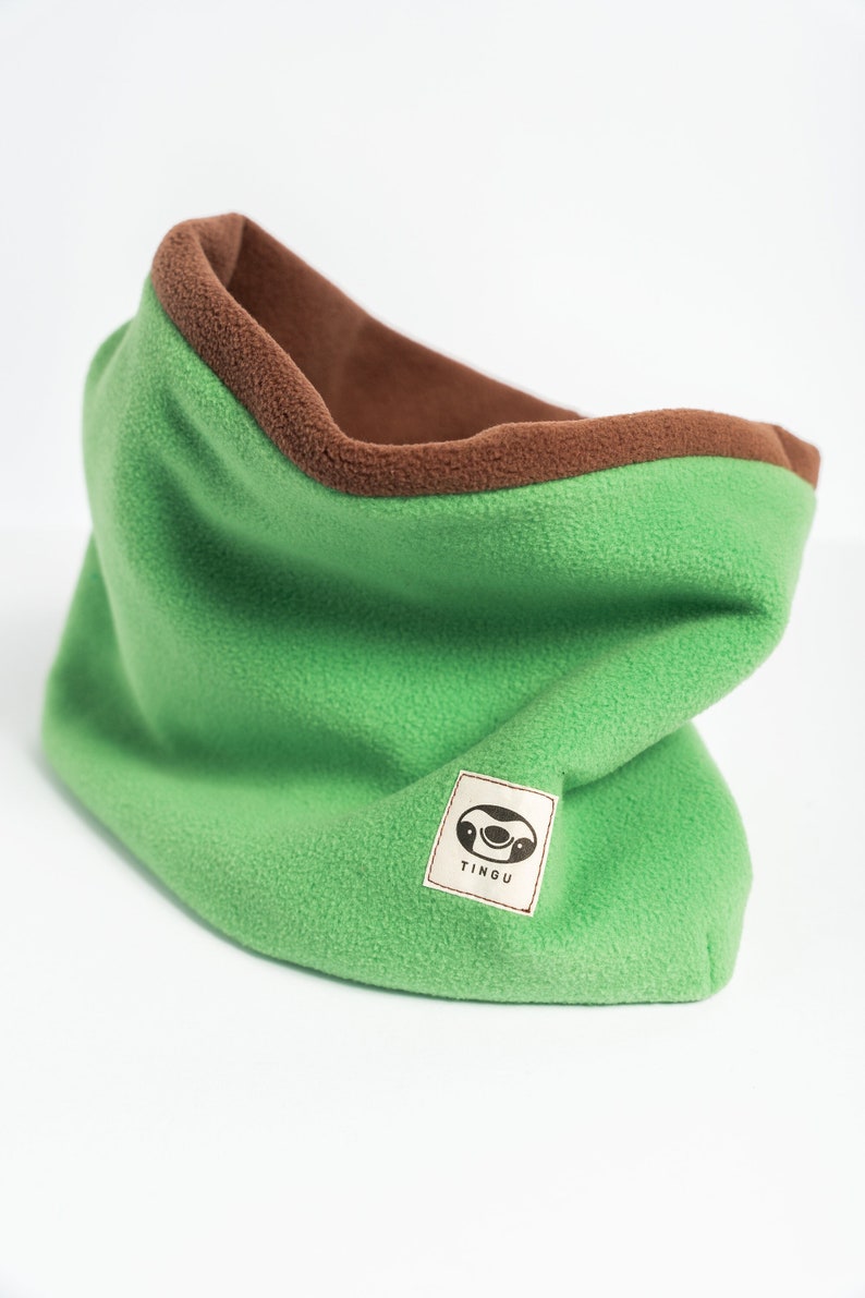 Versatile, double-layered snood in light green and brown.