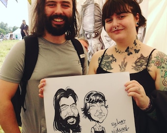 Caricature of two people in black and white