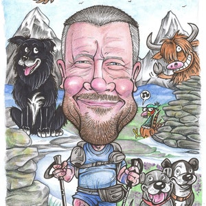 A4 Caricature of 1 person/animal Full Body with Full background/ Theme.  Done From Photographs.