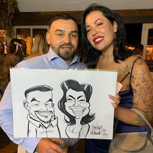 Caricatura de dos personas en blanco y negro