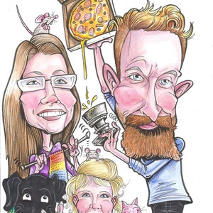 A4 Caricature of 2 people, or 1 Person and vehicle or Pet, Done From Photographs. image 6