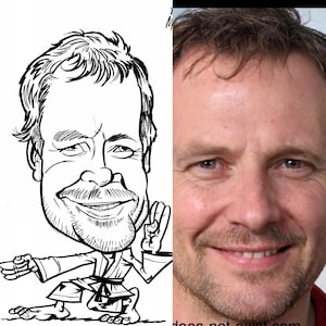 Hand Drawn Caricature of 1 Person With full body and theme in black and white.