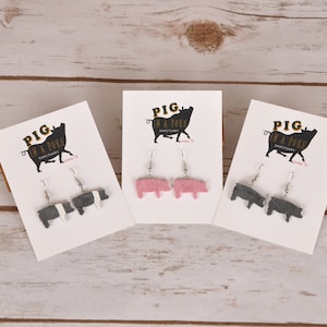 Polymer Clay Pig Dangle Earrings, Pink Show Pig Animal Earrings, Handmade Farm Animal Clay Jewelry, Light Weight Black Pig Earrings, Piggy
