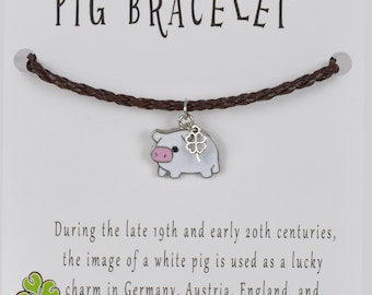 Lucky Pig & Clover Charm Bracelet: Enamel Pewter, Faux Braid